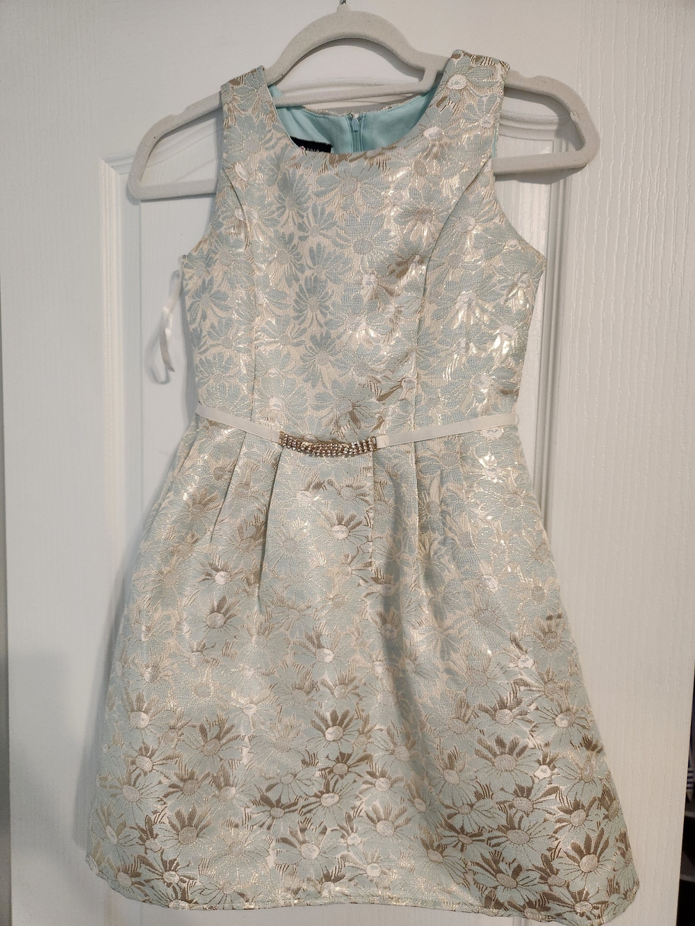 Amy Byer Light Blue & Gold Floral Jacquard Party Dress